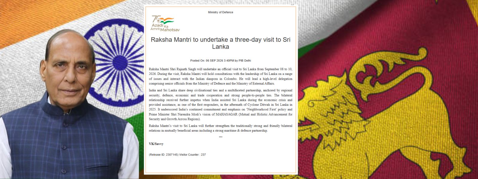 Indian Defence Minister to Undertake a 3 Day Visit